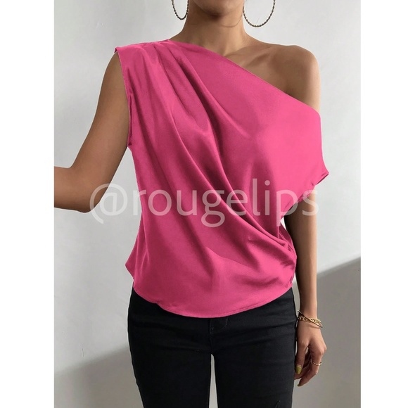 Hot Pink Satin Draped Asymmetrical Blouse Top Off One Shoulder - Picture 4 of 8